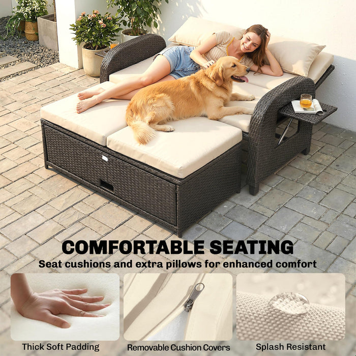 Outsunny Patio Rattan Daybed, Wicker Outdoor Daybed with Storage Ottoman, Loveseat Sofa with Adjustable Backrest, Side Tables, Cushions, Headrests, Double Sunbed Lounger for Balcony, Beige