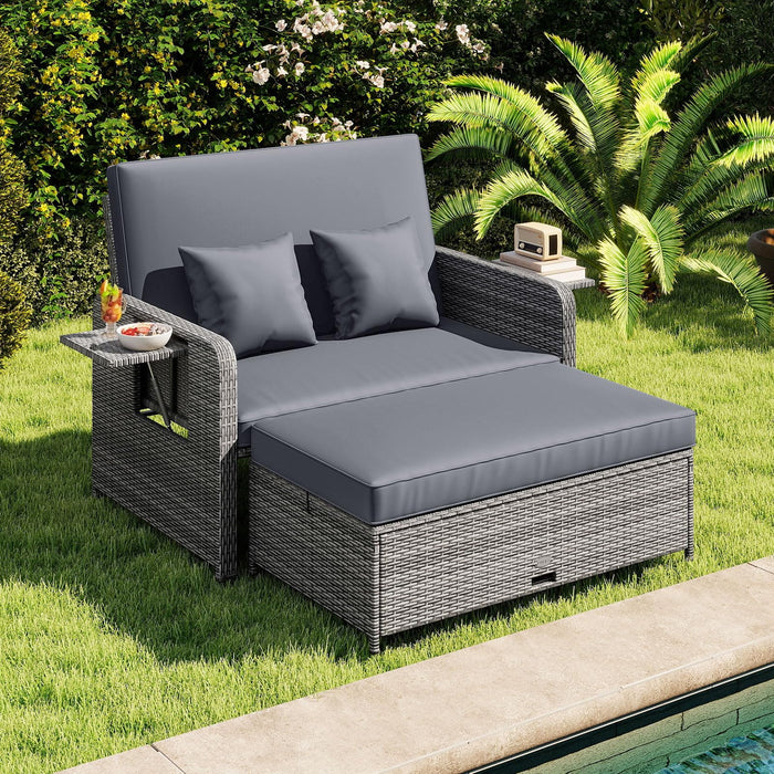Tangkula Patio Rattan Daybed with 4-Level Adjustable Backrest, Outdoor PE Wicker Loveseat with Storage Ottoman & Folding Side Table, Double Sunbed for Balcony, Backyard & Poolside, Grey
