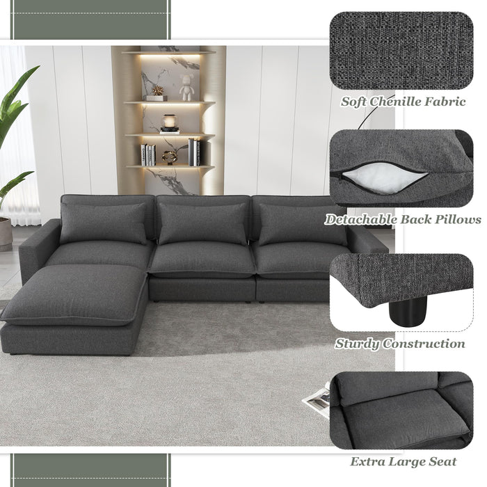 P PURLOVE L-Shape Sectional Sofa, Chenille Upholstered Sofa Couch with Movable Ottoman, Comfortable Seat Cushions, Charging Ports and 3 Back Pillows for Living Room, Apartment, Office (Grey)