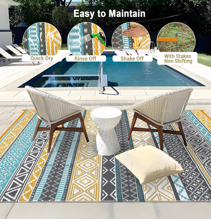 Garvee Outdoor Rug 9x18 Waterproo Large Outdoor Camping Rug Reversible Rv Patio Mats Black Gray Outdoor Plastic Straw Outdoor Rugs Clean Easily Large Patio Mat for RV, Deck, Camping, Yellow + Gray