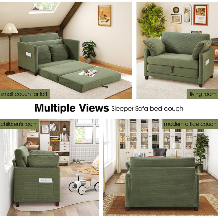 kakuboohi 51" Loveseat Sleeper Sofa Bed, Corduroy Convertible Floor Sofa Bed for Small Spaces, Folding Couch Bed with Deep Seat, 2 Pillows & Solid Frame, Pull Out Floor Couch for Living Room, Green