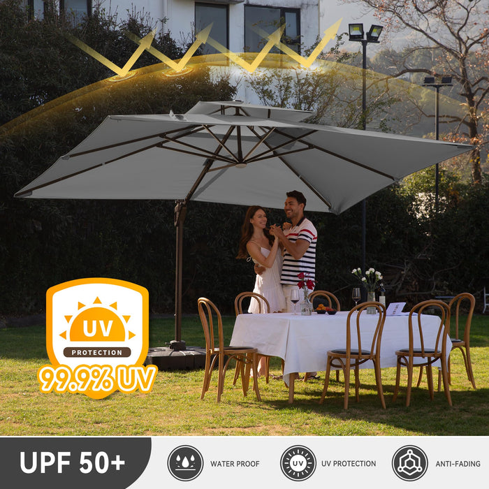 MEVBC 10 X 13 FT Cantilever Outdoor Patio Umbrella with Led Lights Large Heavy Duty 360° Rotation Double Top Offset Rectangular Umbrellas for Backyard Garden Pool Outside Deck, Grey