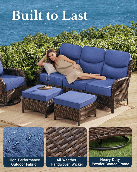 HILLGA Luxury Patio Furniture Set with 6-inch Thick Cushion, Outdoor Couch and High Back Swivel Rocker Patio Chairs, 10PCS Wicker Conversation Set for Deck Yard and Poolside, Blue (V2)