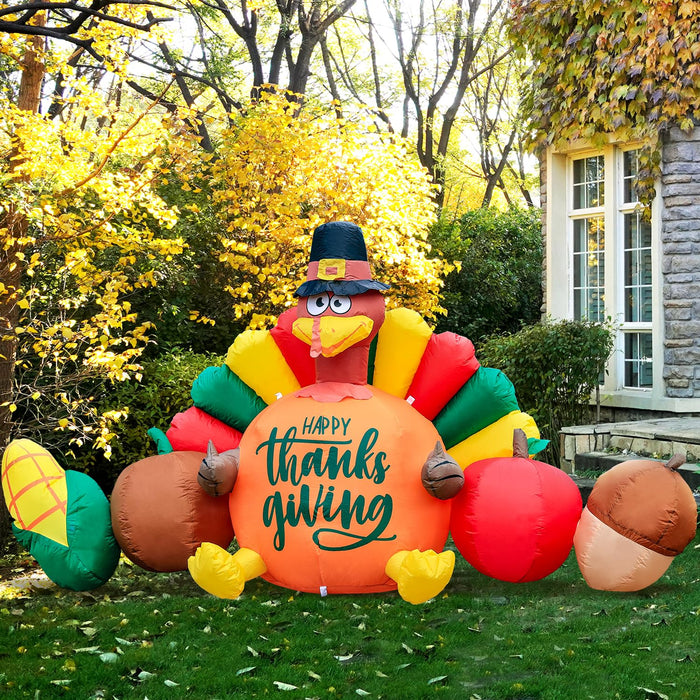 Domkom 8FT Thanksgiving Inflatable Turkey Happy Thanksgiving Sign Yard