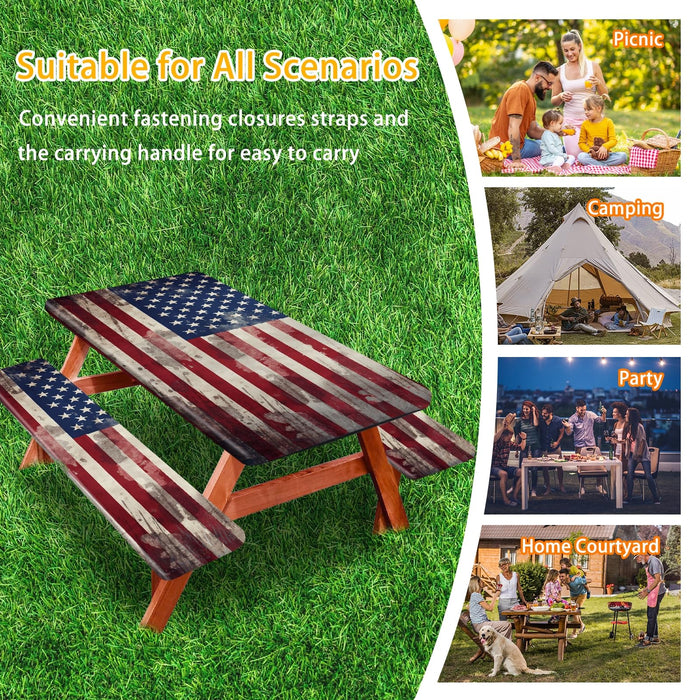 YEYE JUICE Picnic Table Cover with Bench Covers 6FT 3PCS, Camping Essentials, Fitted Camping Tablecloth Waterproof and oilproof with elastic Edge for Indoor Outdoor Patio, Retro American Flag (72inch)