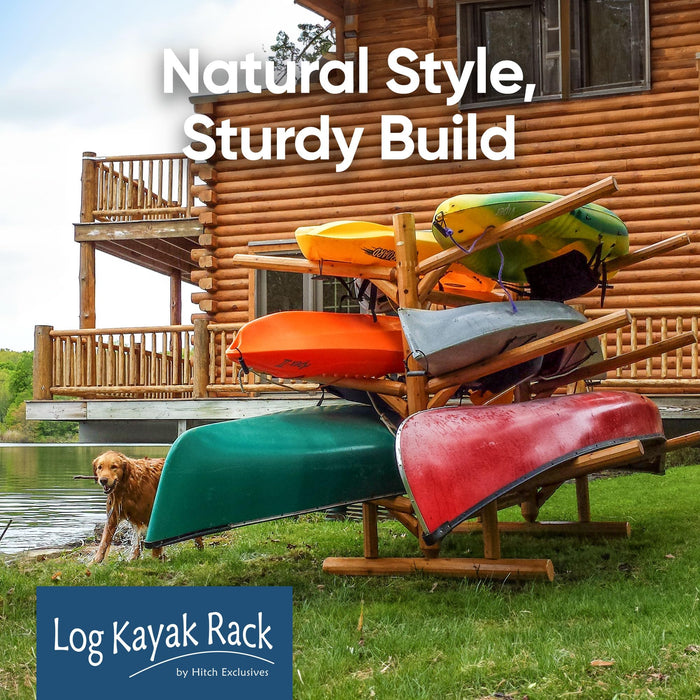 Log Kayak Rack - 6-Place Kayak/Canoe Rack, Freestanding Kayak Storage Rack, Kayak Racks for Outdoor Storage, Surfboard Rack or SUP Storage Rack, Canoe Storage Rack, Paddle Board Rack - Natural