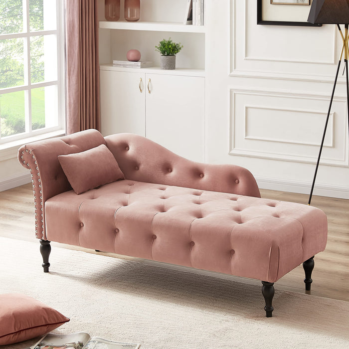 HomJoones Tufted Upholstered Velvet Rolled Arm Chaise Lounges Indoor Chair, Right Arm Facing Chaise Lounge with Nailhead Trim and 1 Pillow,for Living Room Bedroom Office (Rose)