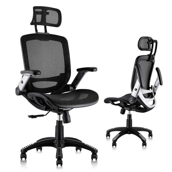 GABRYLLY Ergonomic Mesh Office Chair, High Back Desk Chair - Adjustable Headrest with Flip-Up Arms, Tilt Function, Lumbar Support and PU Wheels, Swivel Computer Task Chair