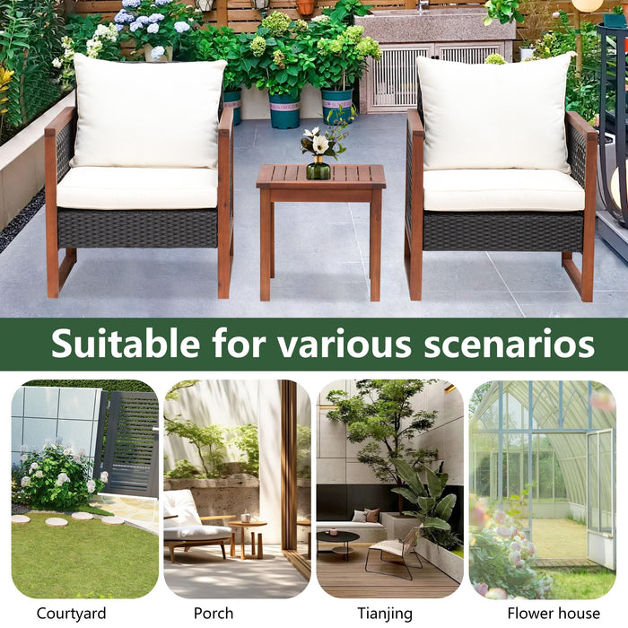3 Pieces Patio Set Wicker Patio Furniture Acacia Wood Outdoor Patio Furniture Set Rattan Chair Conversation Sets Bistro Set with Coffee Table and Water Resistant Cushions(Khaki)