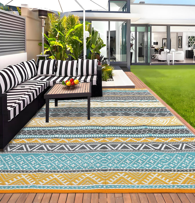 Garvee Outdoor Rug 9x18 Waterproo Large Outdoor Camping Rug Reversible Rv Patio Mats Black Gray Outdoor Plastic Straw Outdoor Rugs Clean Easily Large Patio Mat for RV, Deck, Camping, Yellow + Gray