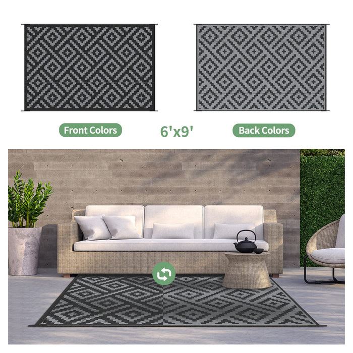 GENIMO Outdoor Rug for Patio Clearance,6'x9' Waterproof Mat,Reversible Plastic Camping Rugs,Rv,Porch,Deck,Camper,Balcony,Backyard,Black & Gray