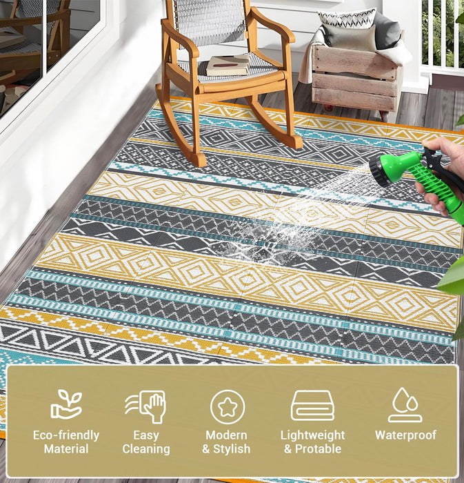 Garvee Outdoor Rug 9x18 Waterproo Large Outdoor Camping Rug Reversible Rv Patio Mats Black Gray Outdoor Plastic Straw Outdoor Rugs Clean Easily Large Patio Mat for RV, Deck, Camping, Yellow + Gray