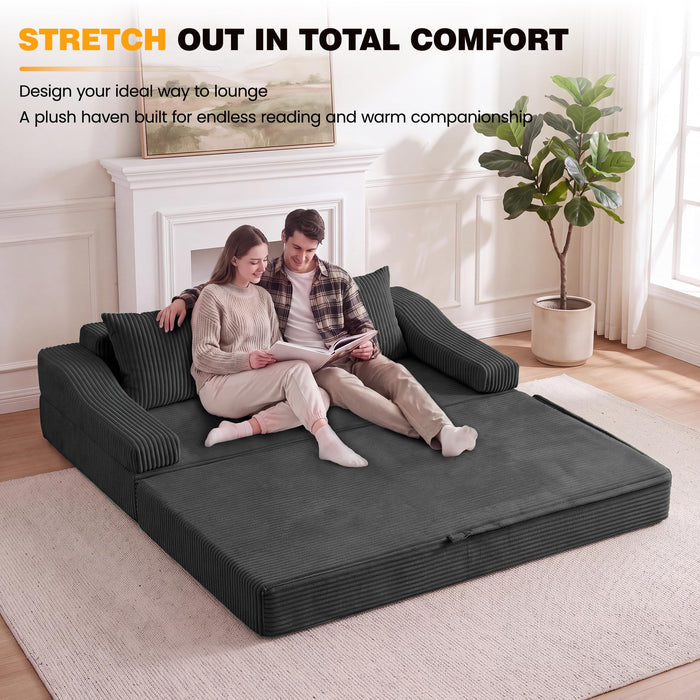 Fiona's magic 78.7" Convertible Futon Sofa Bed, Boneless Couch for Living Room 4-in-1 Corduroy Boneless Sleeper Sofa, Modular Sleeper Couch in a Box, Pull Out Couch No Assembly | Dark Gray
