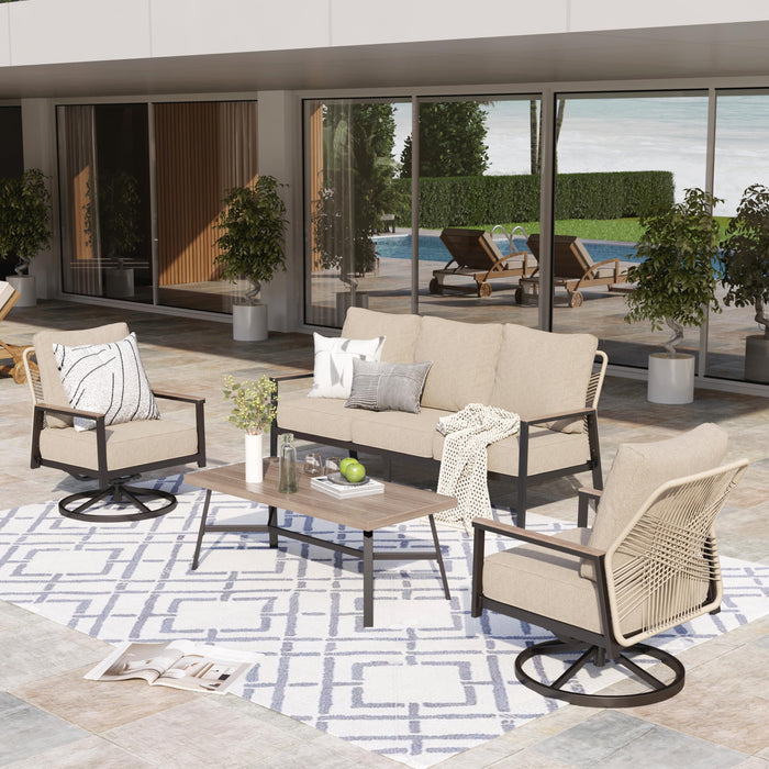MIXPATIO 4 PCS Outdoor Patio Furniture Set, 3-Seater Sofa, Highback Swivel Chair with 5.5" Extra Thick Cushion & Coffee Table, All Weather Patio Conversation Set for Lawn Deck Backyard, Cream/Beige