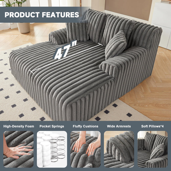 Mangodan 53.5”W Oversized Chaise Lounge Chair Indoor, Boneless Couch with 4 Pillows, Cozy Reading Chairs with Wide Arms, No Assembly Corduroy Boneless Chair, Memory Foam Couch for Living Room, Gray
