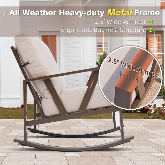 COMLAX FIELD Patio Porch Furniture Set, Outdoor Rocking Chairs Set of 2 with Coffee Table, 3 Piece Metal Outdoor Patio Bistro Conversation Set, Beige