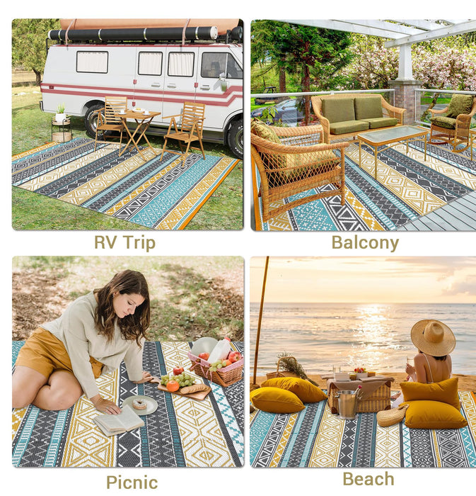 Garvee Outdoor Rug 9x18 Waterproo Large Outdoor Camping Rug Reversible Rv Patio Mats Black Gray Outdoor Plastic Straw Outdoor Rugs Clean Easily Large Patio Mat for RV, Deck, Camping, Yellow + Gray