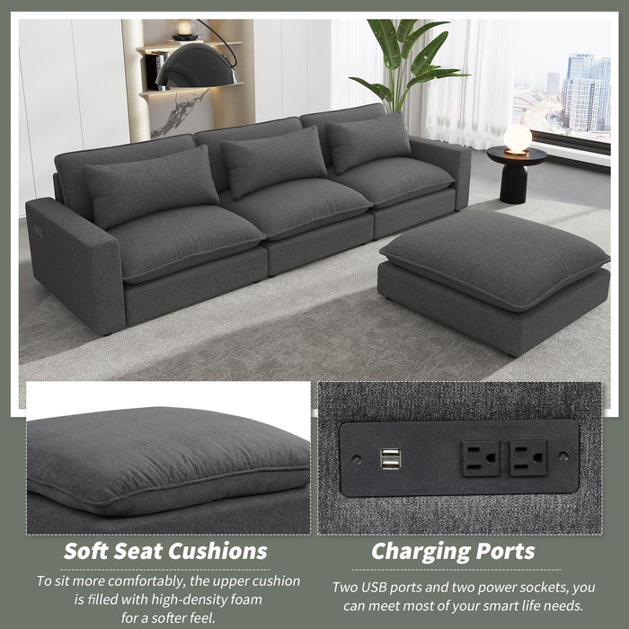 P PURLOVE L-Shape Sectional Sofa, Chenille Upholstered Sofa Couch with Movable Ottoman, Comfortable Seat Cushions, Charging Ports and 3 Back Pillows for Living Room, Apartment, Office (Grey)