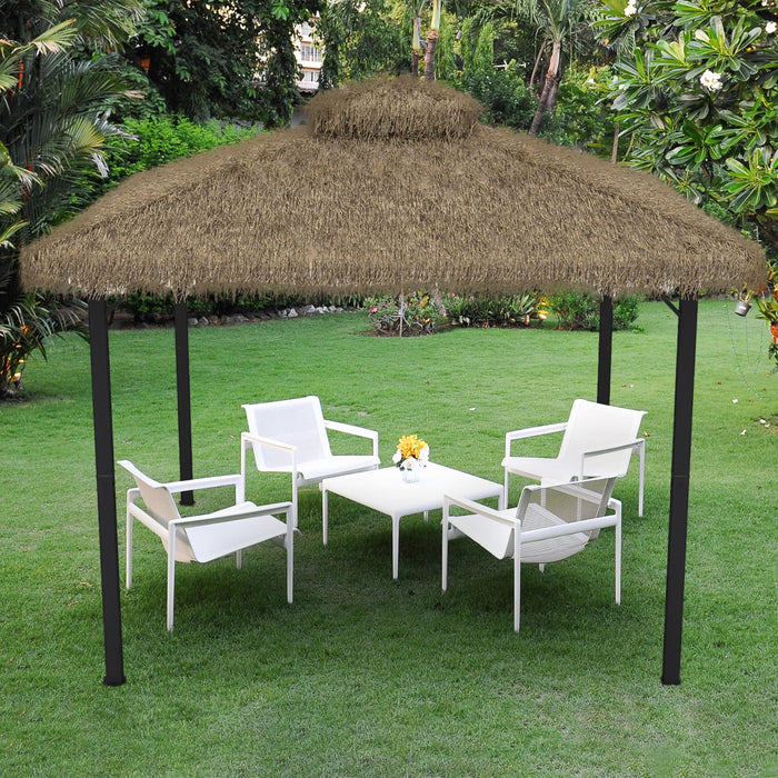 GDY 10x10 Thatched Tiki Bar Gazebo, Patio Gazebo with Straw Thatch Roofing, Hawaiian Style Canopy Tent, Suitable for Courtyards, Exhibitions, Camping, Bar, Khaki.