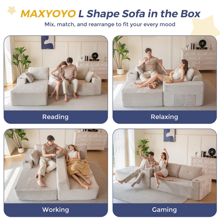 MAXYOYO 104" Modular Sectional Couch with L-Shape Chaise, Modern Boneless Couch for Living Room, Sofa in A Box, Oversized Sofa Sleeper with Deep Seat, No Assembly Required, Grayish Beige