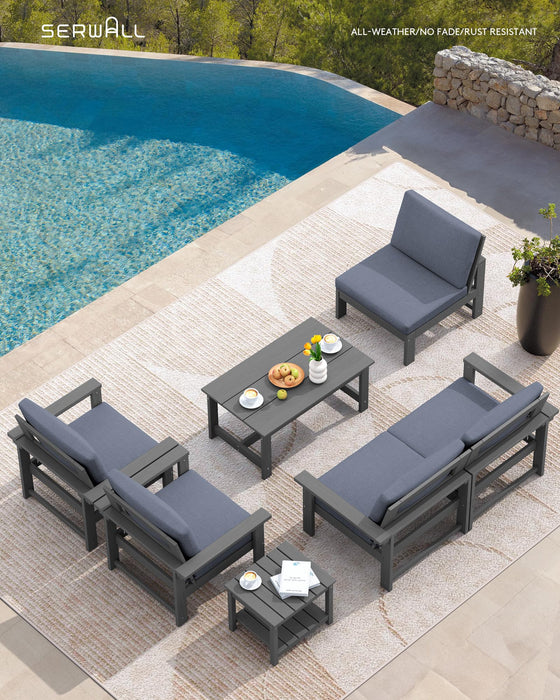 SERWALL HDPE Patio Furniture Set, 7-Piece Outdoor Sectional Sofa Set, All Weather Outdoor Couch Set for Deck, Lawn, Grey Frame with Grey Cushion