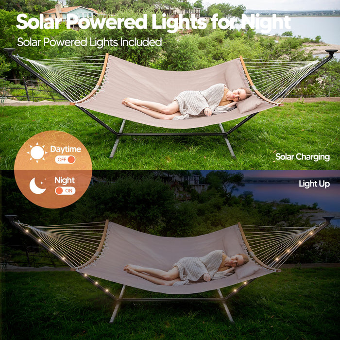 SUNCREAT Hammocks Outdoor 2 Person Hammock with Solar Powered Lights, Tan