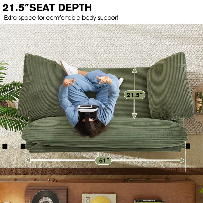 kakuboohi 51" Loveseat Sleeper Sofa Bed, Corduroy Convertible Floor Sofa Bed for Small Spaces, Folding Couch Bed with Deep Seat, 2 Pillows & Solid Frame, Pull Out Floor Couch for Living Room, Green