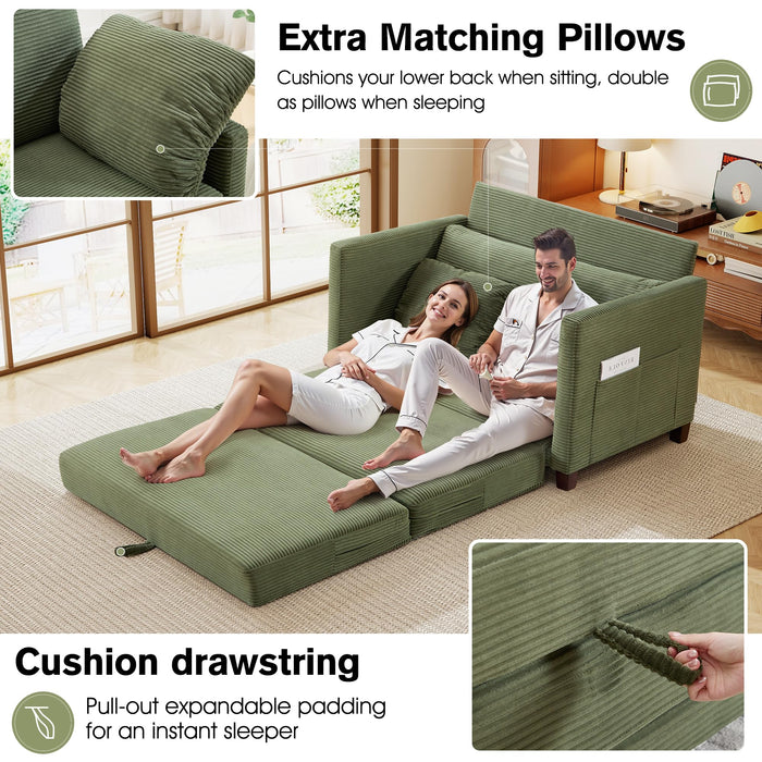 kakuboohi 51" Loveseat Sleeper Sofa Bed, Corduroy Convertible Floor Sofa Bed for Small Spaces, Folding Couch Bed with Deep Seat, 2 Pillows & Solid Frame, Pull Out Floor Couch for Living Room, Green