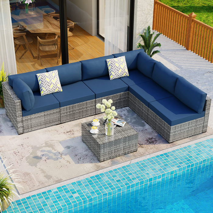 Shintenchi 7 Pieces Outdoor Patio Sectional Sofa Couch, Silver Gray PE Wicker Furniture Conversation Sets with Washable Cushions & Glass Coffee Table for Garden, Poolside, Backyard (Aegean Blue)