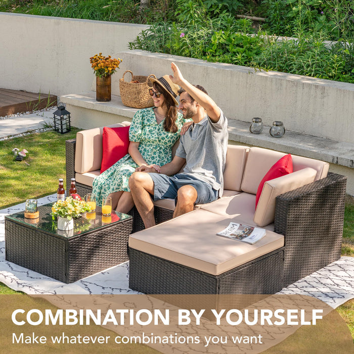 Devoko 5 Pieces Patio Furniture Sets All Weather Outdoor Sectional Patio Sofa Manual Weaving Wicker Rattan Patio Seating Sofas with Cushion and Glass Table (Beige)