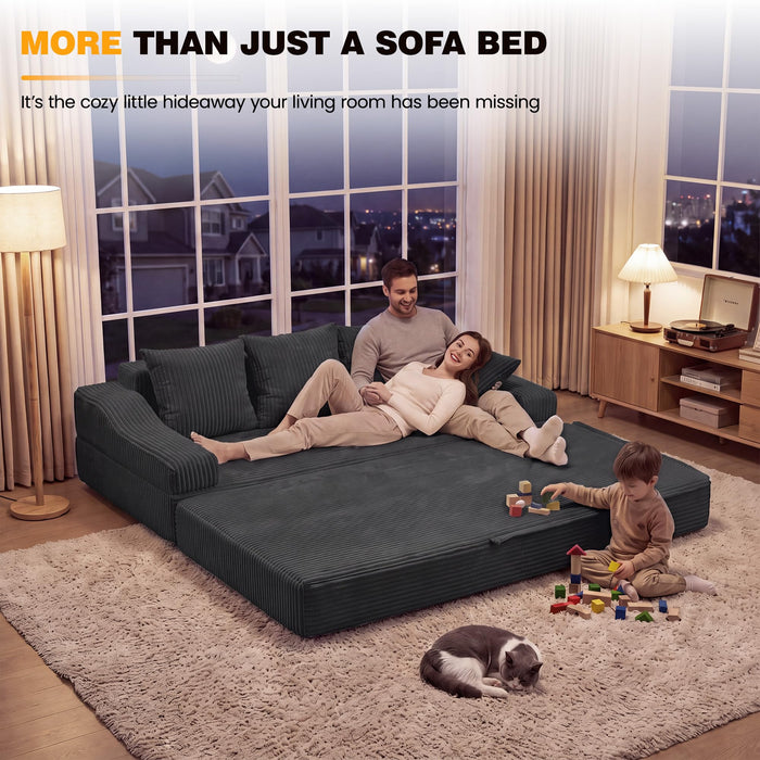 Fiona's magic 78.7" Convertible Futon Sofa Bed, Boneless Couch for Living Room 4-in-1 Corduroy Boneless Sleeper Sofa, Modular Sleeper Couch in a Box, Pull Out Couch No Assembly | Dark Gray