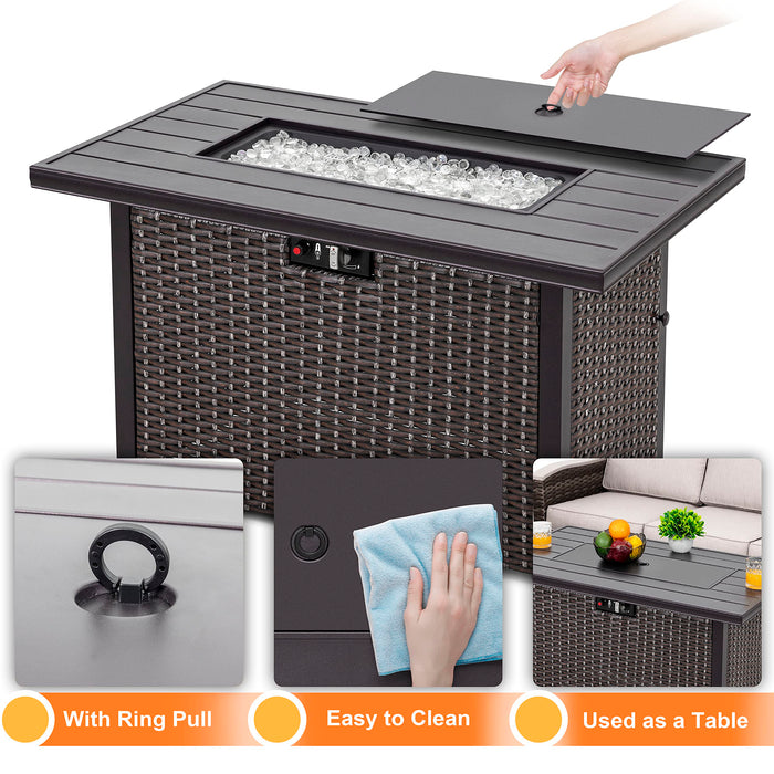 Nuu Garden 43 Inch Propane Fire Pit Table, CSA Certified 50,000 BTU Outdoor Patio Propane Fire Pit Table with 7 lbs Glass Stone & Removable Lid, Aluminum Tabletop, Water-Proof Oxford Cover, Brown