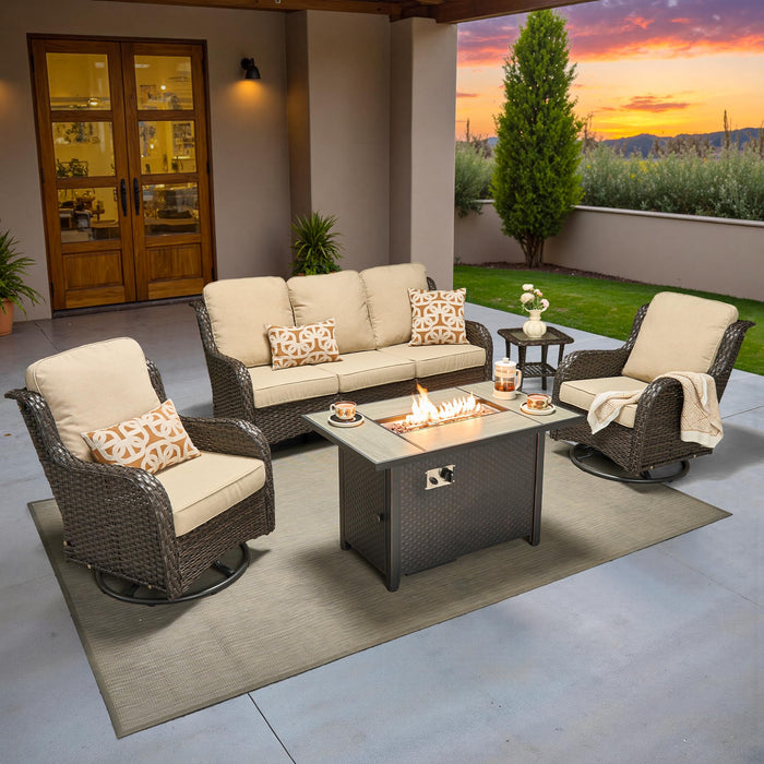 ovios 5-Piece Patio Furniture Set with Swivel Chairs Coffee Table, Outdoor Wicker Sofa with 42" Fire Pit Table, High Back Couch Modern Conversation Sets, Brown/Beige