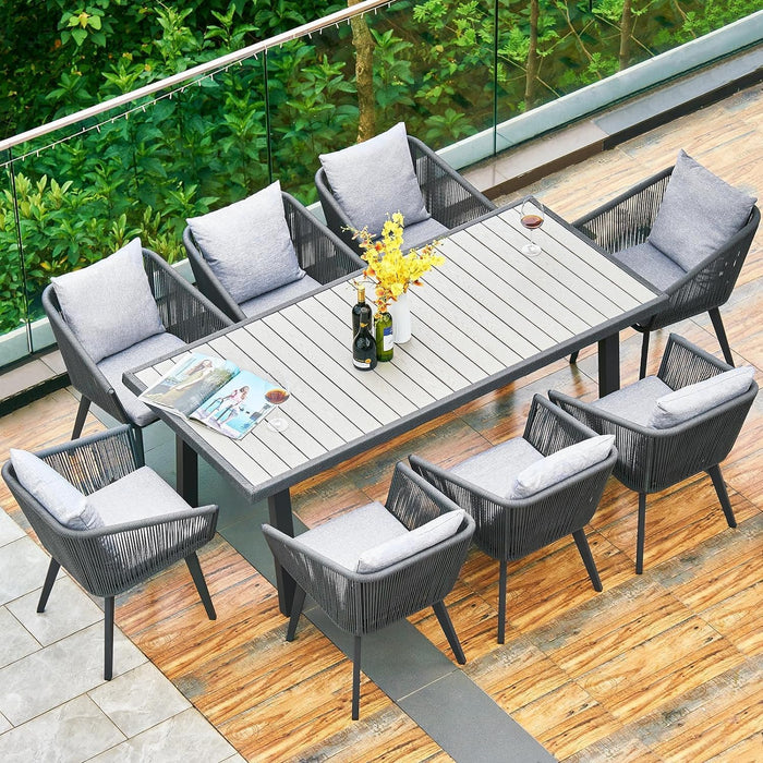 Astomi 9 Pieces Outdoor Patio Dining Set, Rattan Patio Table and Chairs for 8, Patio Wicker Furniture Set with Cushion for Backyard, Balcony, Garden