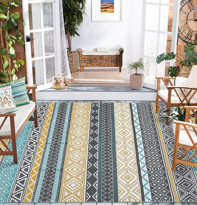 Garvee Outdoor Rug 9x18 Waterproo Large Outdoor Camping Rug Reversible Rv Patio Mats Black Gray Outdoor Plastic Straw Outdoor Rugs Clean Easily Large Patio Mat for RV, Deck, Camping, Yellow + Gray