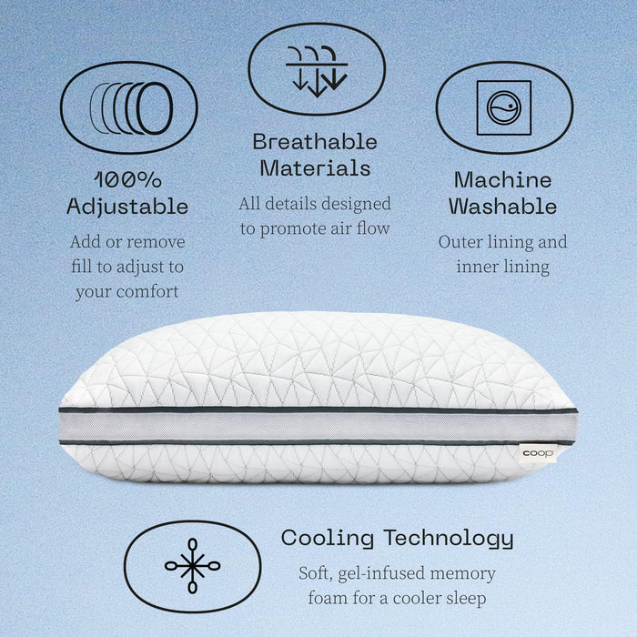 Coop Home Goods Eden Cool Adjustable Pillow, King Size - Adjustable Memory Foam with Gel Infusion - Soft Breathable Lulltra Fabric - Ideal for All Sleepers - Eco-Friendly CertiPUR-US Certified