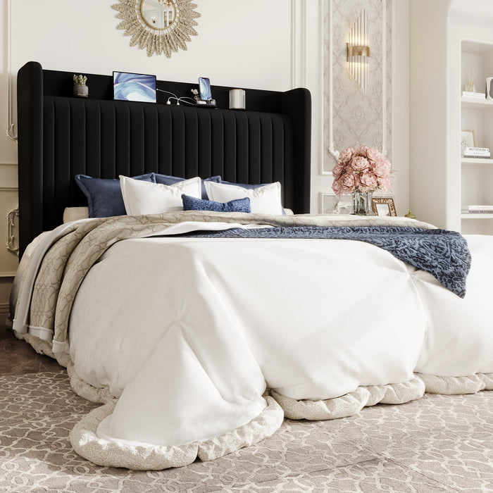 SHA CERLIN Queen Size Velvet Bed Frame with USB Charging Station, Wingback Storage Headboard, Upholstered Platform Bed with Wooden Slats Support, No Box Spring Needed, Easy Assembly, Black