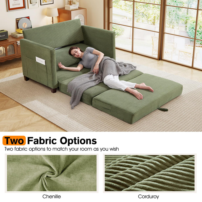 kakuboohi 51" Loveseat Sleeper Sofa Bed, Corduroy Convertible Floor Sofa Bed for Small Spaces, Folding Couch Bed with Deep Seat, 2 Pillows & Solid Frame, Pull Out Floor Couch for Living Room, Green