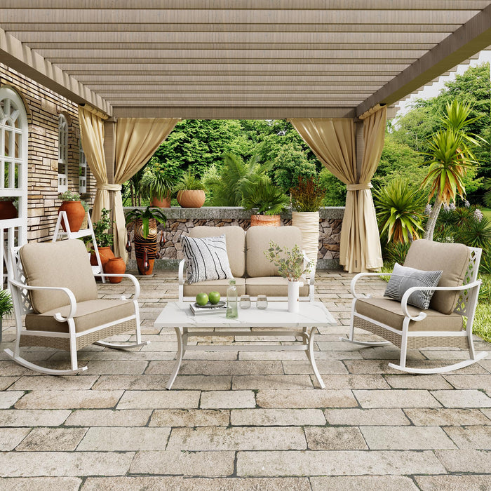 MIXPATIO 4 Piece Patio Furniture Set, 2 x Rocking Chair, 1 x 2-Seat Sofa with Marbling Coffee Table, All Cushioned 4 Seats Outdoor Conversation Set for Lawn Garden Backyard, Beige