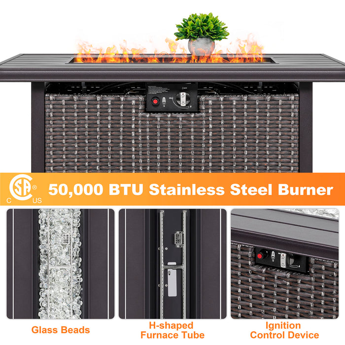 Nuu Garden 43 Inch Propane Fire Pit Table, CSA Certified 50,000 BTU Outdoor Patio Propane Fire Pit Table with 7 lbs Glass Stone & Removable Lid, Aluminum Tabletop, Water-Proof Oxford Cover, Brown