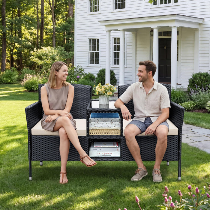 Devoko Outdoor Patio Loveseat Rattan 2-Seat Patio Conversation Set, Beige