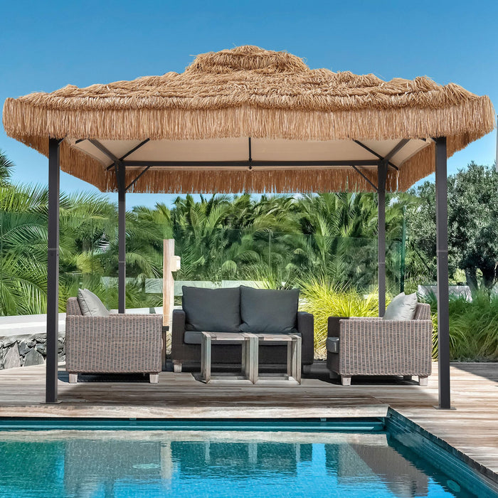 GDY 10x10 Thatched Tiki Bar Gazebo, Patio Gazebo with Straw Thatch Roofing, Hawaiian Style Canopy Tent, Suitable for Courtyards, Exhibitions, Camping, Bar, Khaki.