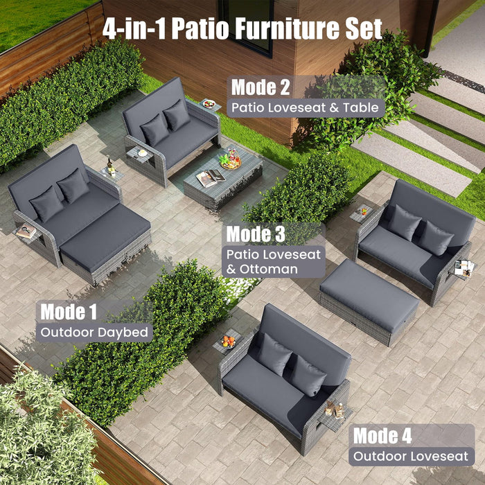 Tangkula Patio Rattan Daybed with 4-Level Adjustable Backrest, Outdoor PE Wicker Loveseat with Storage Ottoman & Folding Side Table, Double Sunbed for Balcony, Backyard & Poolside, Grey