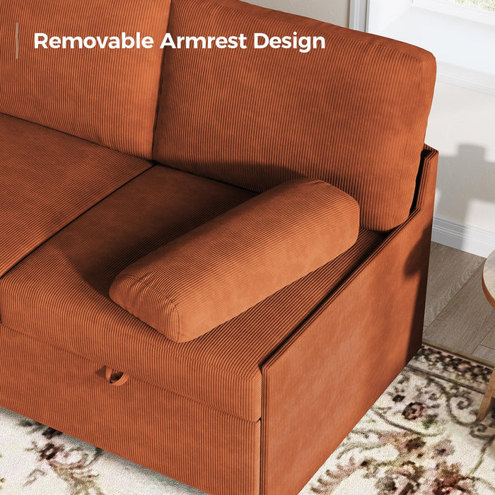 COPIAE 80 inch Convertible Sectional Sofa, L-Shaped Sofa Sleeper with Reversible Chaise,Couch Bed with Storage,Removable Armrest,Modern Pull Out Bed for Living Room Bedroom,Corduroy Rust
