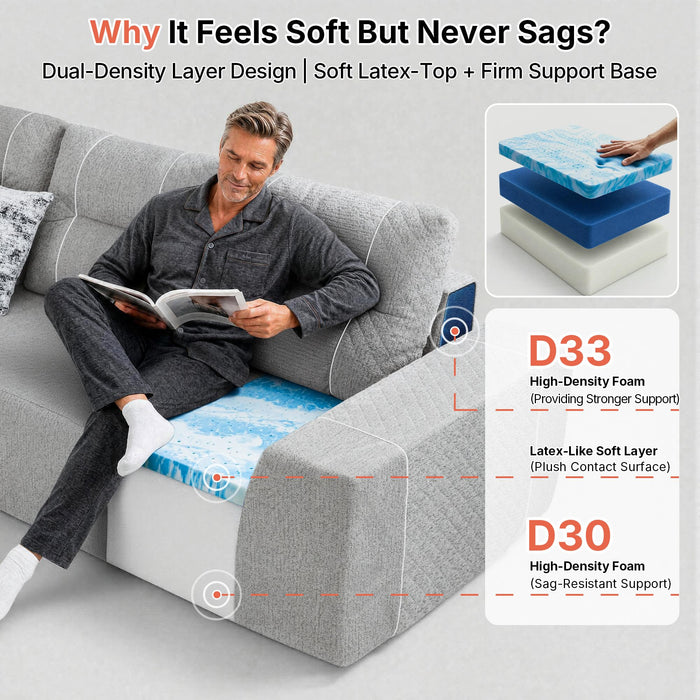 MCombo 105" Boneless Couches for Living Room, Cloud Couch Modular Sectional Sofa Bed Convertible, Sleeper Sofa With Latex-like Cushion & Throw Pillow, No assembly required, Chenille Fabric 8512 (Gray)