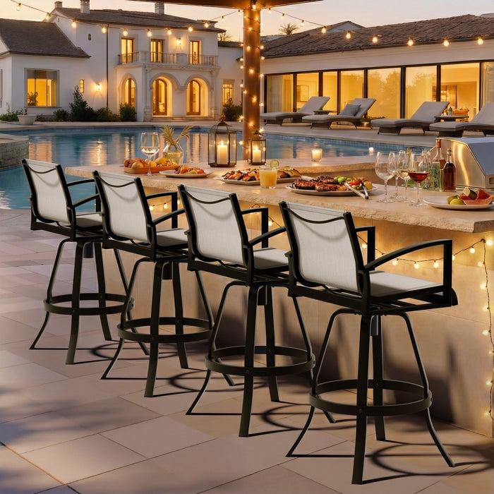 Pellebant 30" Outdoor Swivel Aluminum Bar Stools Set of 4, Sunbrella Patio Bar Height Bar Stools with Back & Footrest, Anti-Rust Patio Bar Stools for Deck Lawn Garden, White