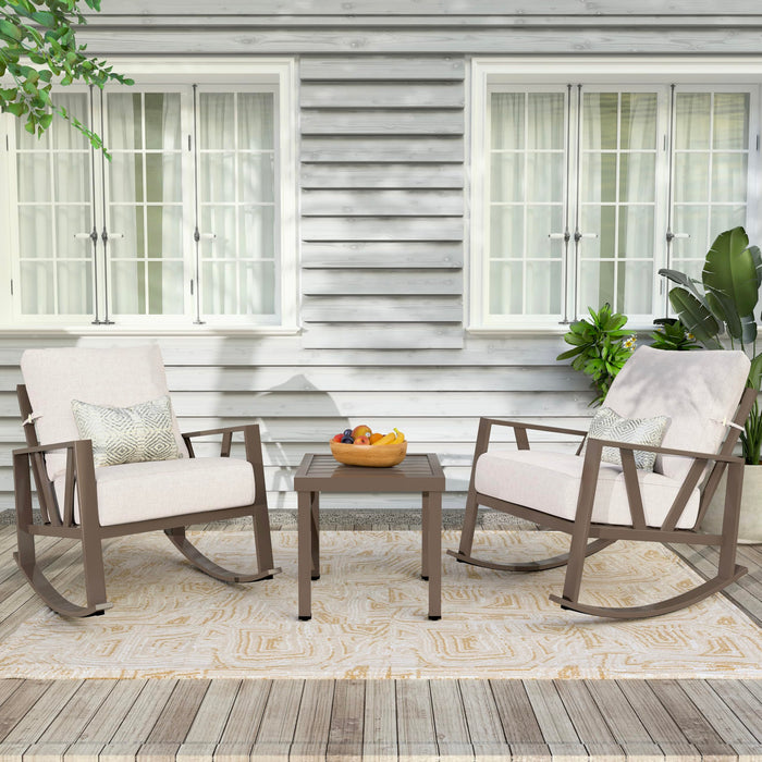 COMLAX FIELD Patio Porch Furniture Set, Outdoor Rocking Chairs Set of 2 with Coffee Table, 3 Piece Metal Outdoor Patio Bistro Conversation Set, Beige