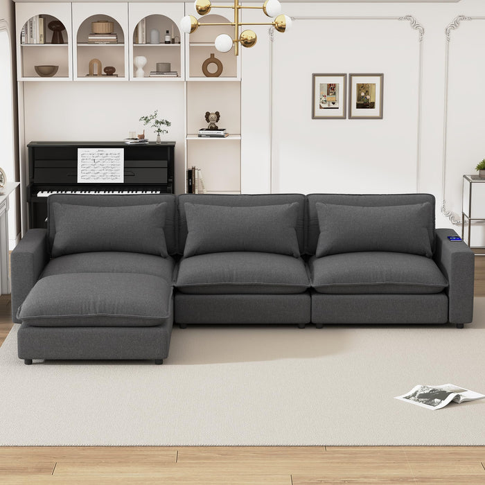P PURLOVE L-Shape Sectional Sofa, Chenille Upholstered Sofa Couch with Movable Ottoman, Comfortable Seat Cushions, Charging Ports and 3 Back Pillows for Living Room, Apartment, Office (Grey)