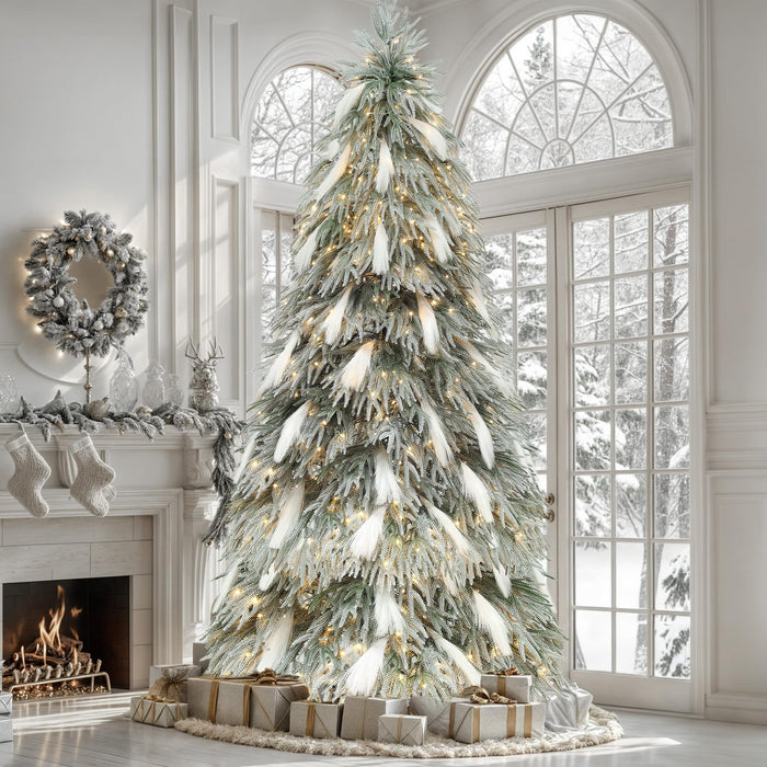 YITAHOME Pre-Lit Flocked Natural Drooping Pampas Christmas Tree, 7.5ft Snow Flocked Artificial Christmas Tree with 558 PE Branch Tips, 40 Feathers and 600 Lights for Home, Office, Party Decoration