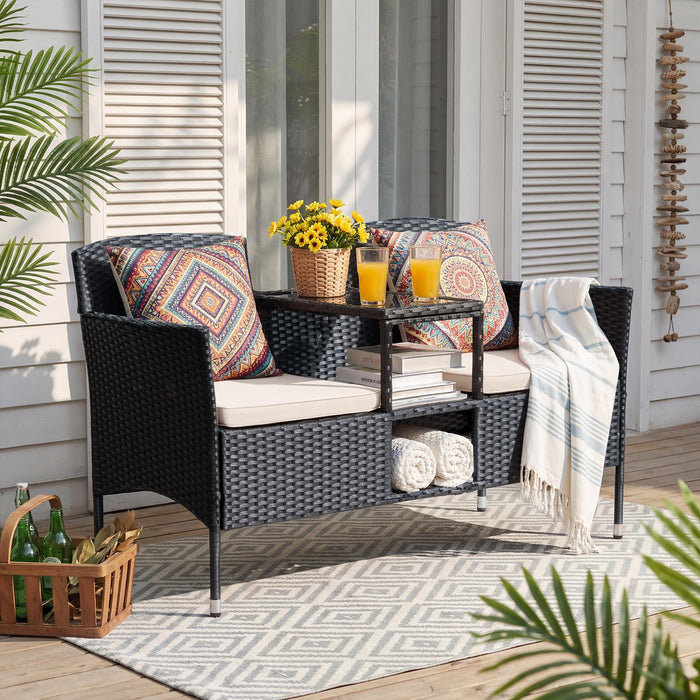 Devoko Outdoor Patio Loveseat Rattan 2-Seat Patio Conversation Set, Beige